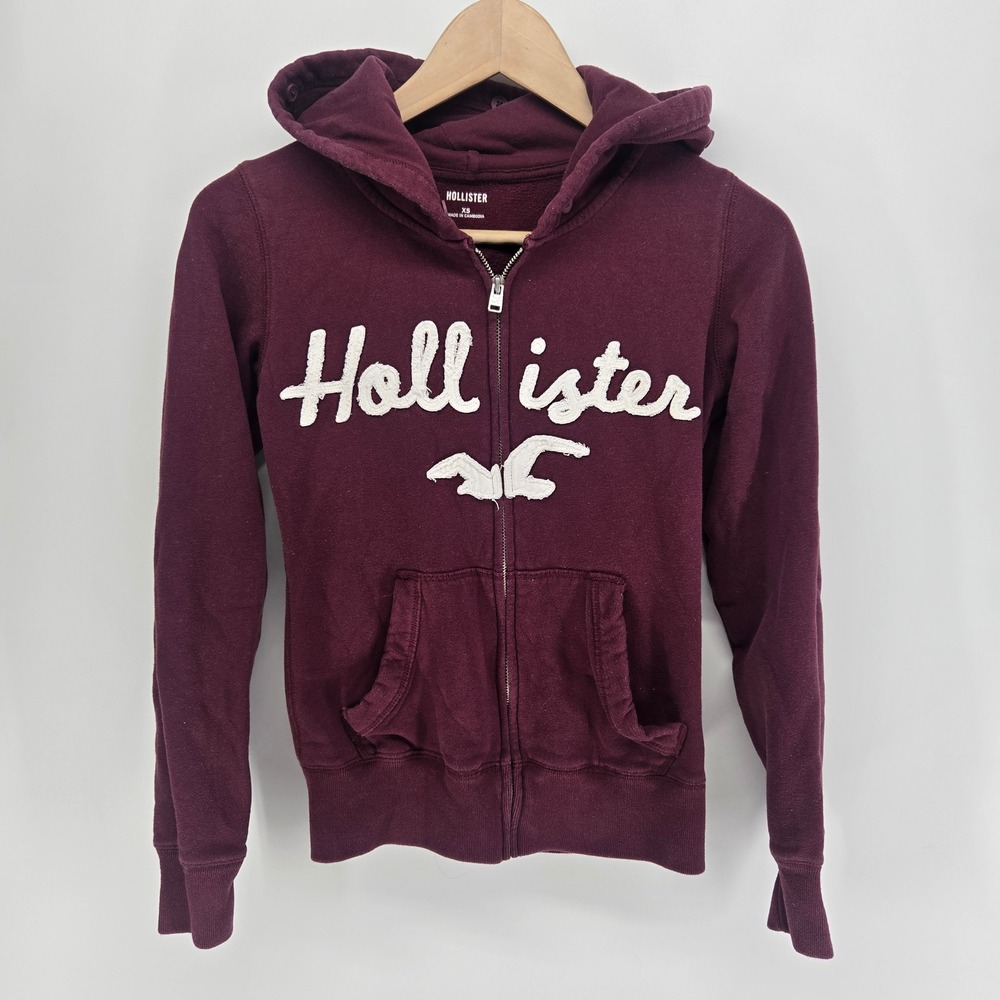 Hollister Full Zip Hoodie Womens XS Burgundy Sherpa Logo Fleece Sweatshirt y2k